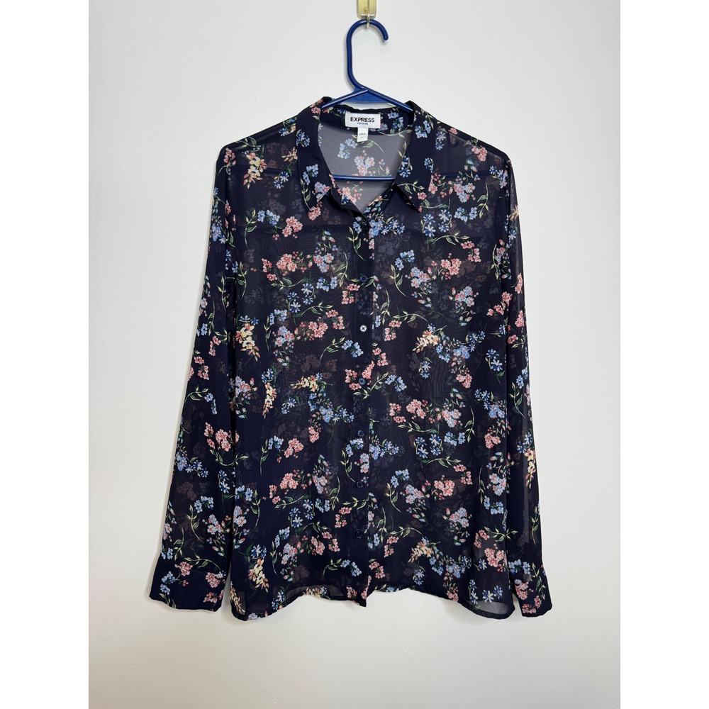 Express Portofino Shirt Womens L Navy Blue Excellent Floral Chiffon Button Down